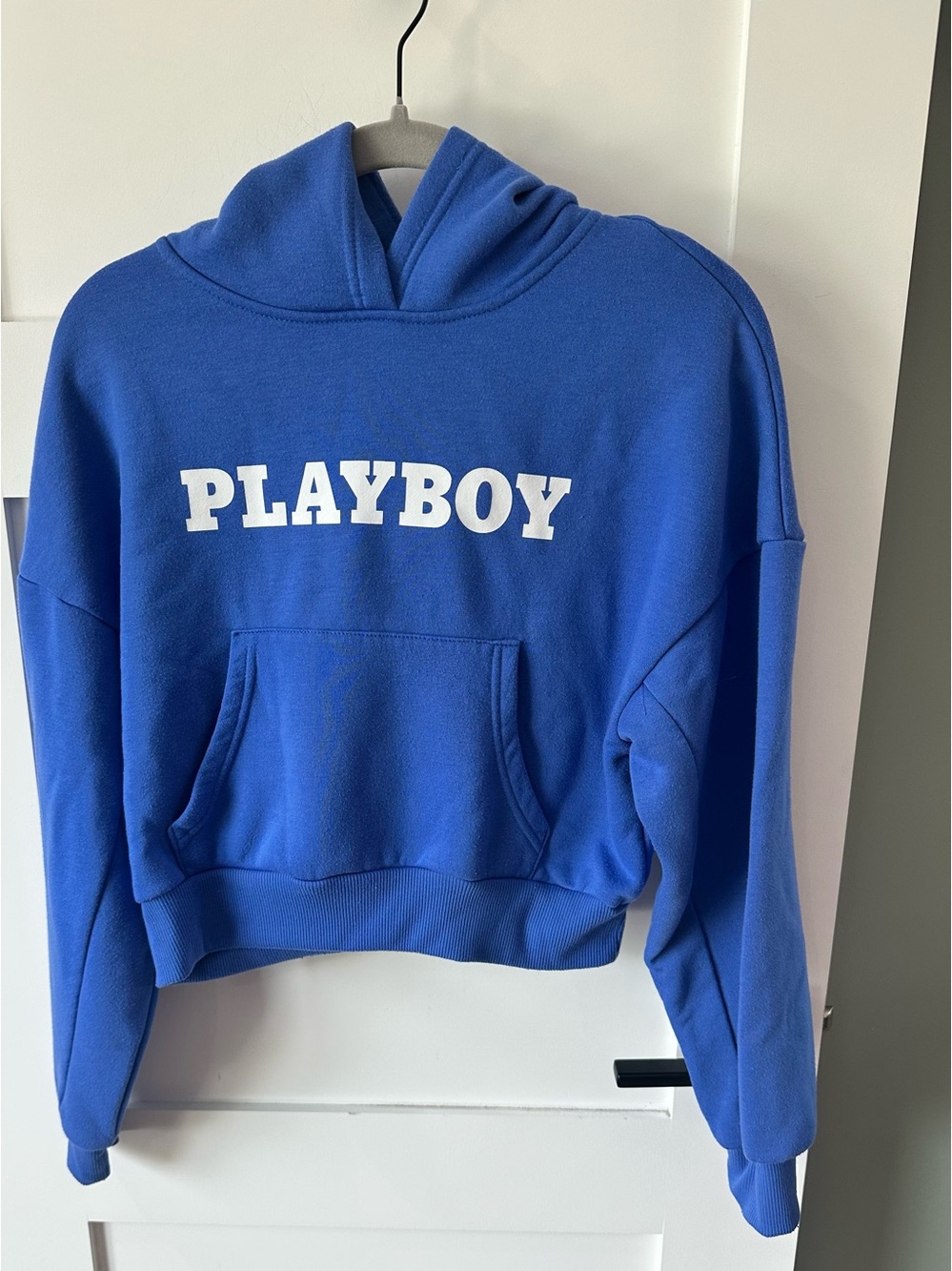 Playboy Pullover Hoodie Hooded Cropped Sweatshirt Y2K Blue Small Soft Read